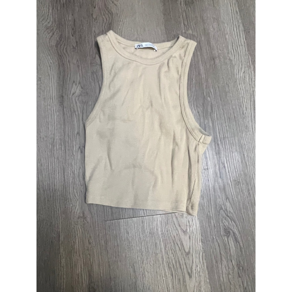 Zara Women Tan Beige Ribbed Knit Sleeveless Tank Top Crop Crew Neck Small